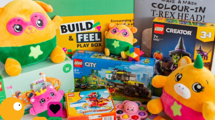 Contents of the build and feel box -3 boxes of lego, soft dream beam plushies and various other toys